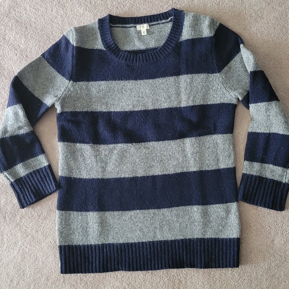 J. Crew Lambs Wool Crew Neck Striped Sweater Navy Gray